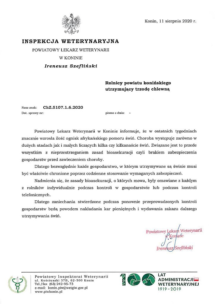 Informacja Powiatowego Lekarza Weterynarii do rolników utrzymujących trzodę chlewną
