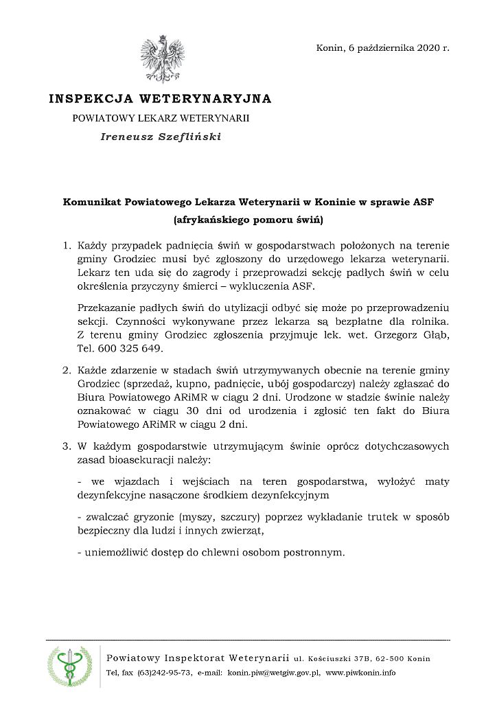Komunikat Powiatowego Lekarza Weterynarii w Koninie w sprawie ASF (afrykańskiego pomoru świń)