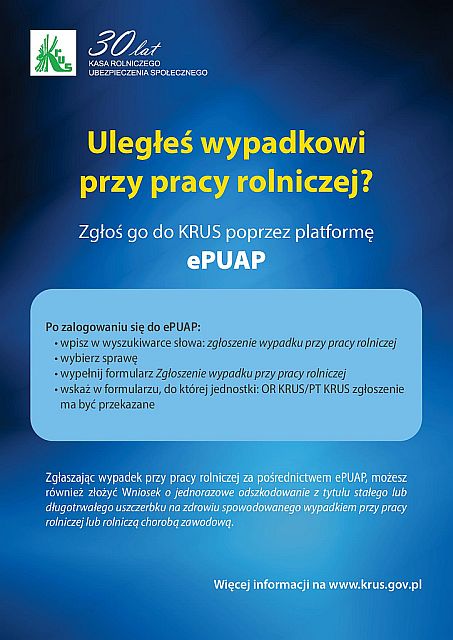 Zgłoszenia wypadków w rolnictwie na platformie ePUAP - plakat