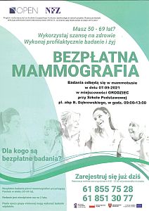 Bezpłatna mammografia - 07.09.2021 r. - plakat