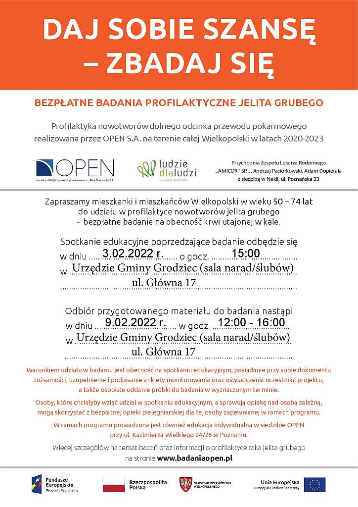 BEZPŁATNE BADANIA PROFILAKTYCZNE JELITA GRUBEGO - plakat