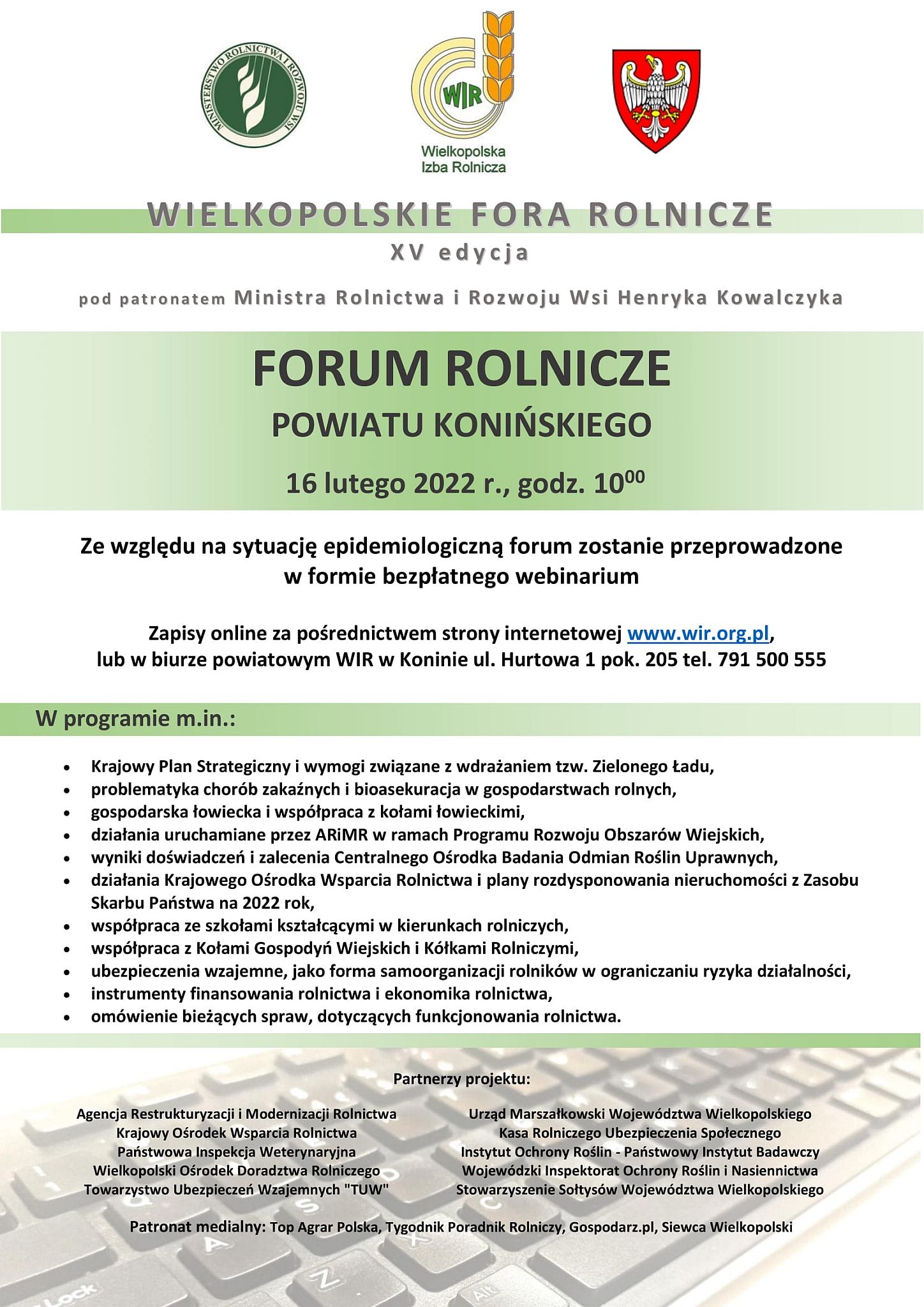 Zaproszenie na Forum Rolnicze Powiatu Konińskiego - 16.02.2022 r. - plakat