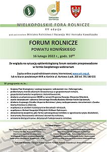 Zaproszenie na Forum Rolnicze Powiatu Konińskiego - 16.02.2022 r. - plakat