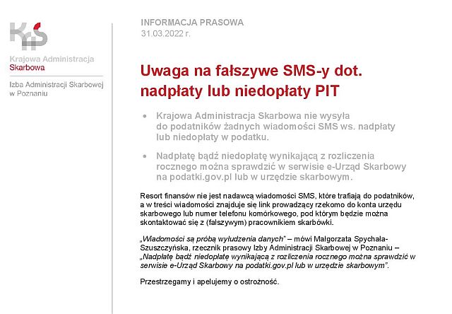 Uwaga na fałszywe SMS-y dot. nadpłaty lub niedopłaty PIT - plakat