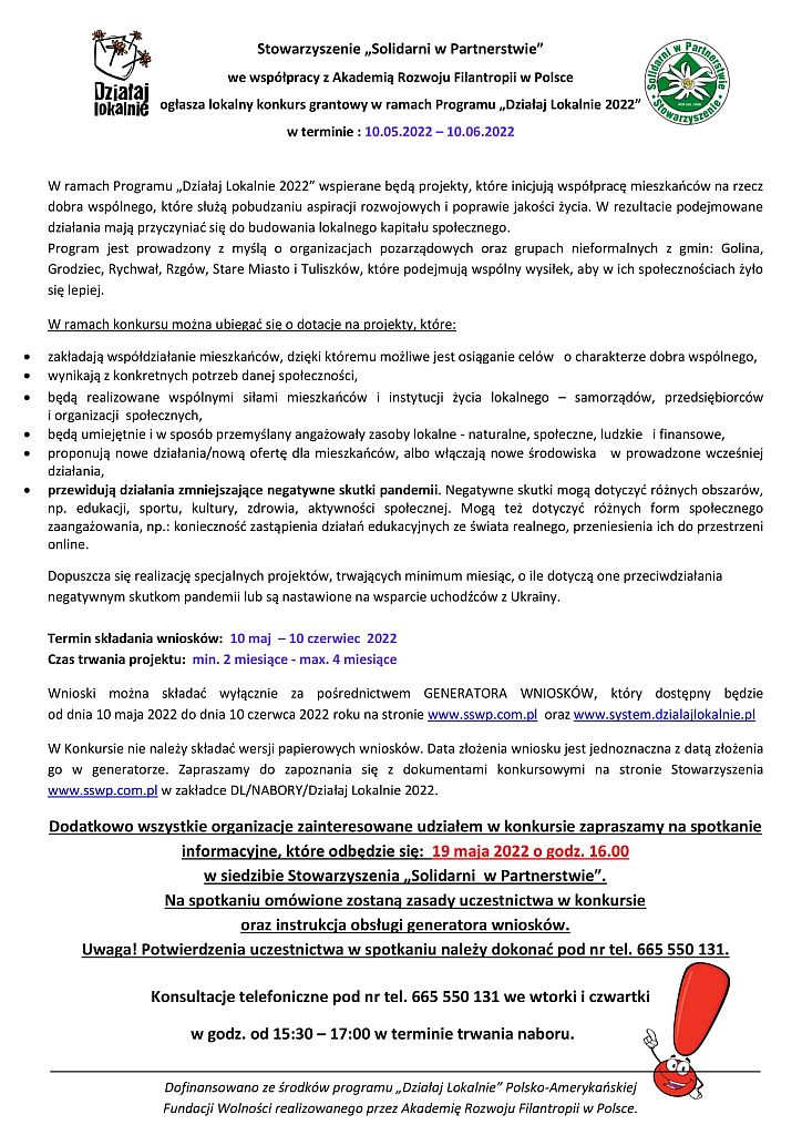 Lokalny konkurs grantowy w ramach Programu „Działaj Lokalnie 2022” w terminie : 10.05.2022 – 10.06.2022 - plakat