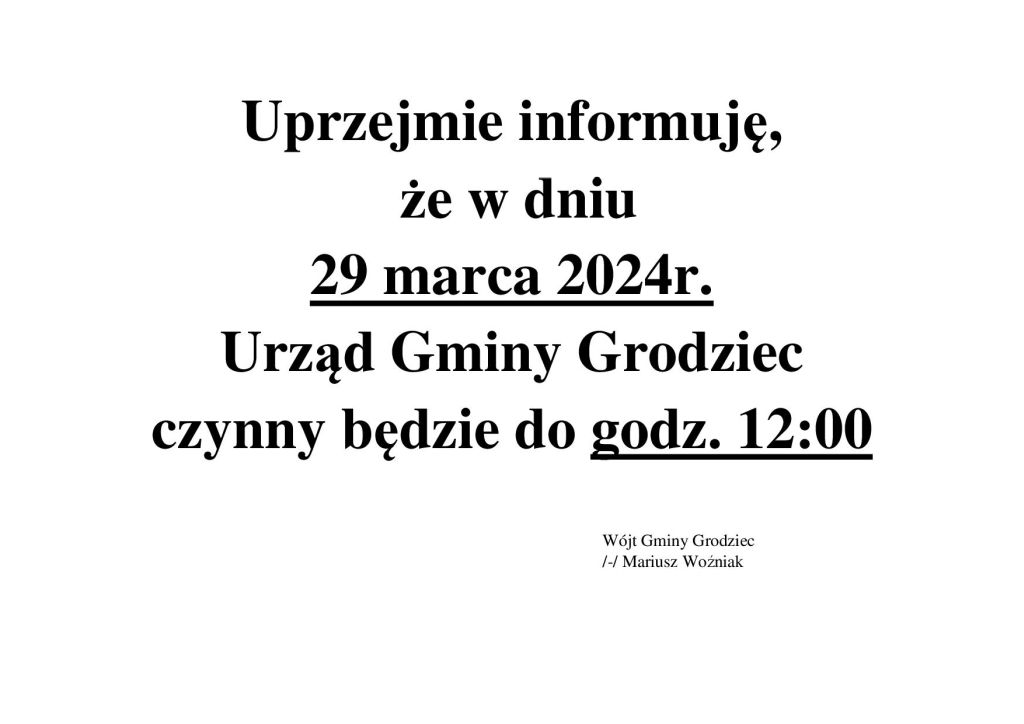 Godziny pracy urzędu w dniu 29.03.2024 r. - plakat