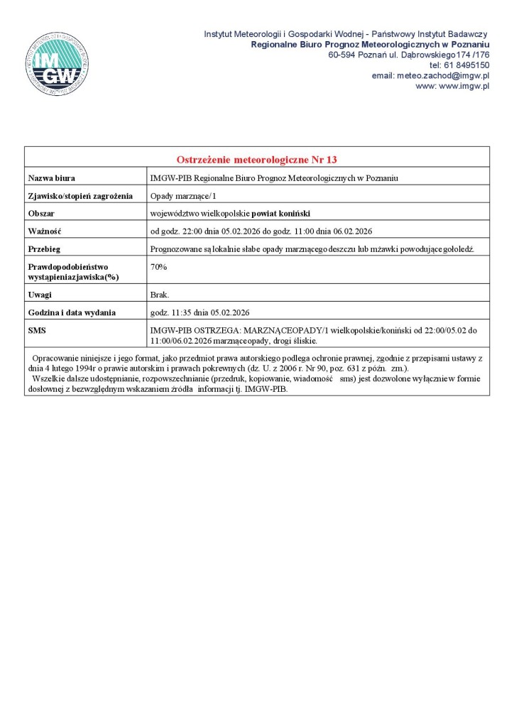 Ostrzeżenie meteorologiczne - 05.02.2026 - plakat